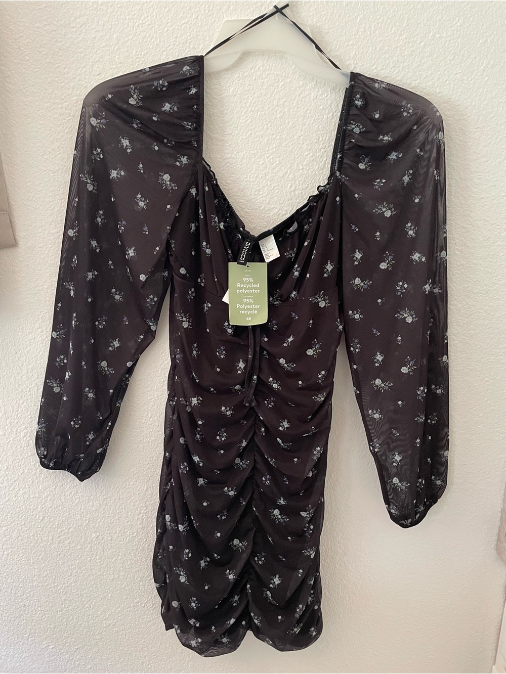 H&M Black Floral Ruched Midi Dress with Long Sheer Sleeves